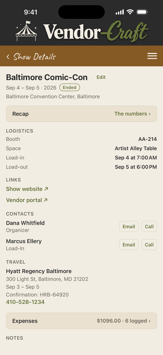 Show Details for a comic con: booth, load-in, contacts, hotel and expenses