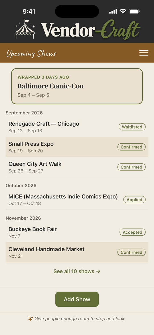 Upcoming Shows screen listing the season ahead, each show with its application status