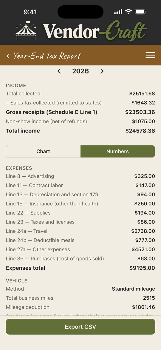 Year-End Tax Report with income and expenses by Schedule C line