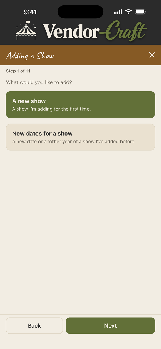 Adding a Show, step one of the guided setup