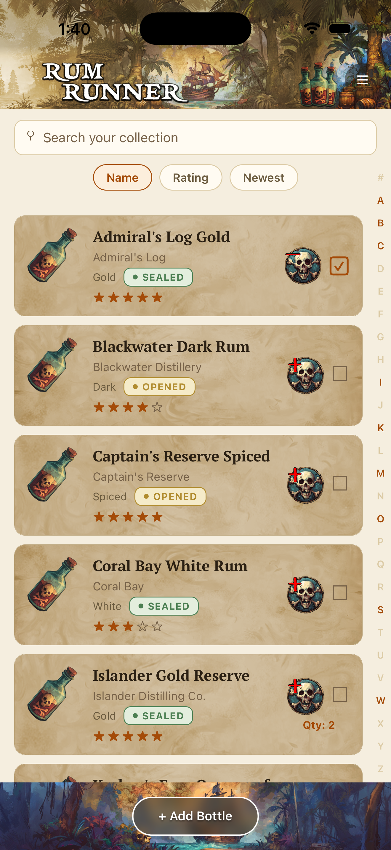 Rum Runner catalog screen showing a searchable list of rum bottles with ratings and status badges