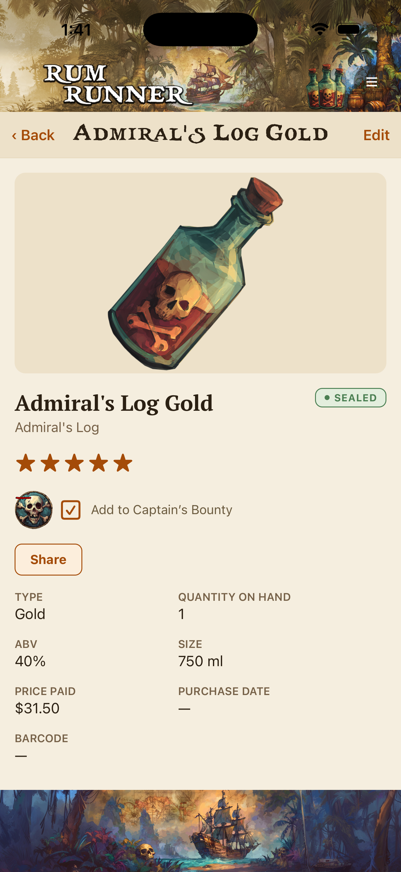 Bottle detail screen with rating, type, ABV, price paid, and tasting notes