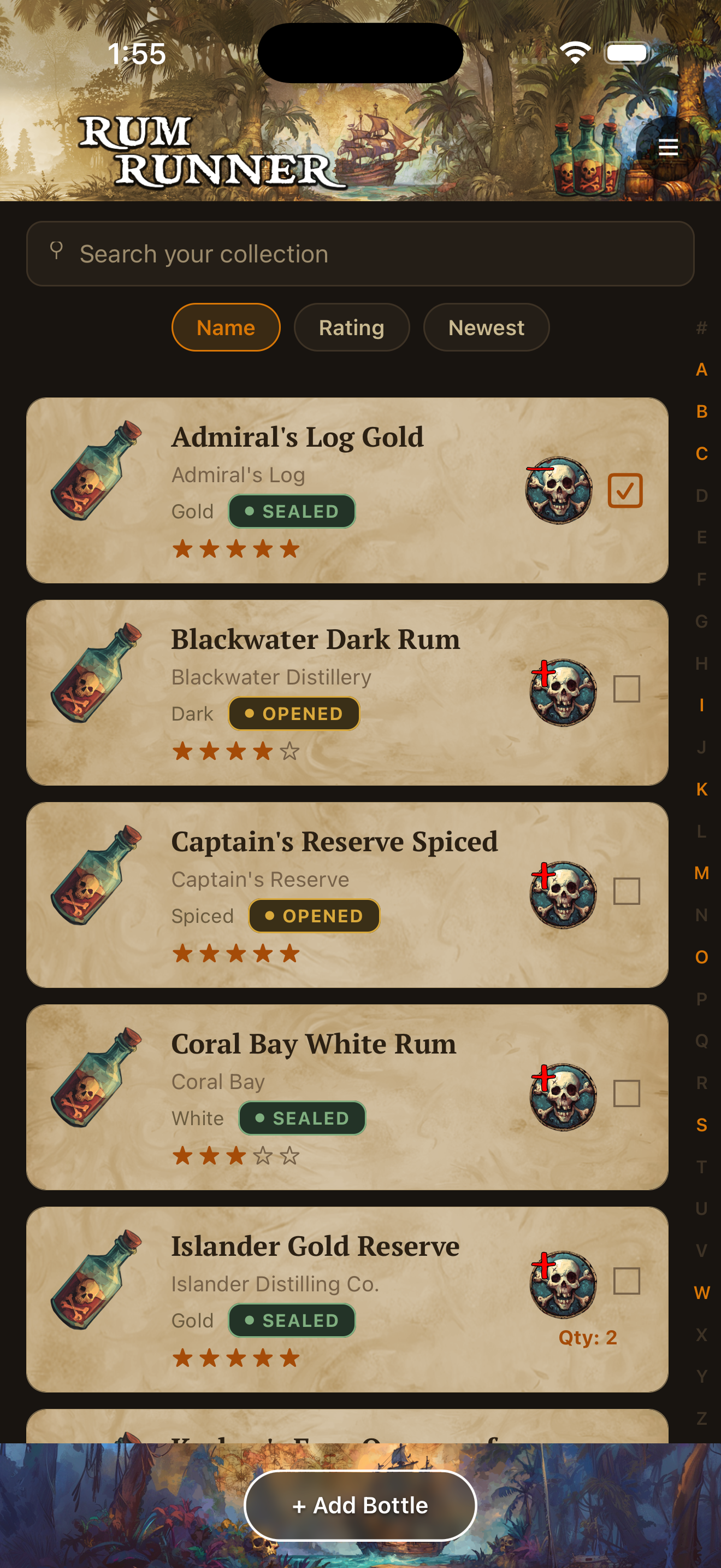 Rum Runner catalog screen in dark theme