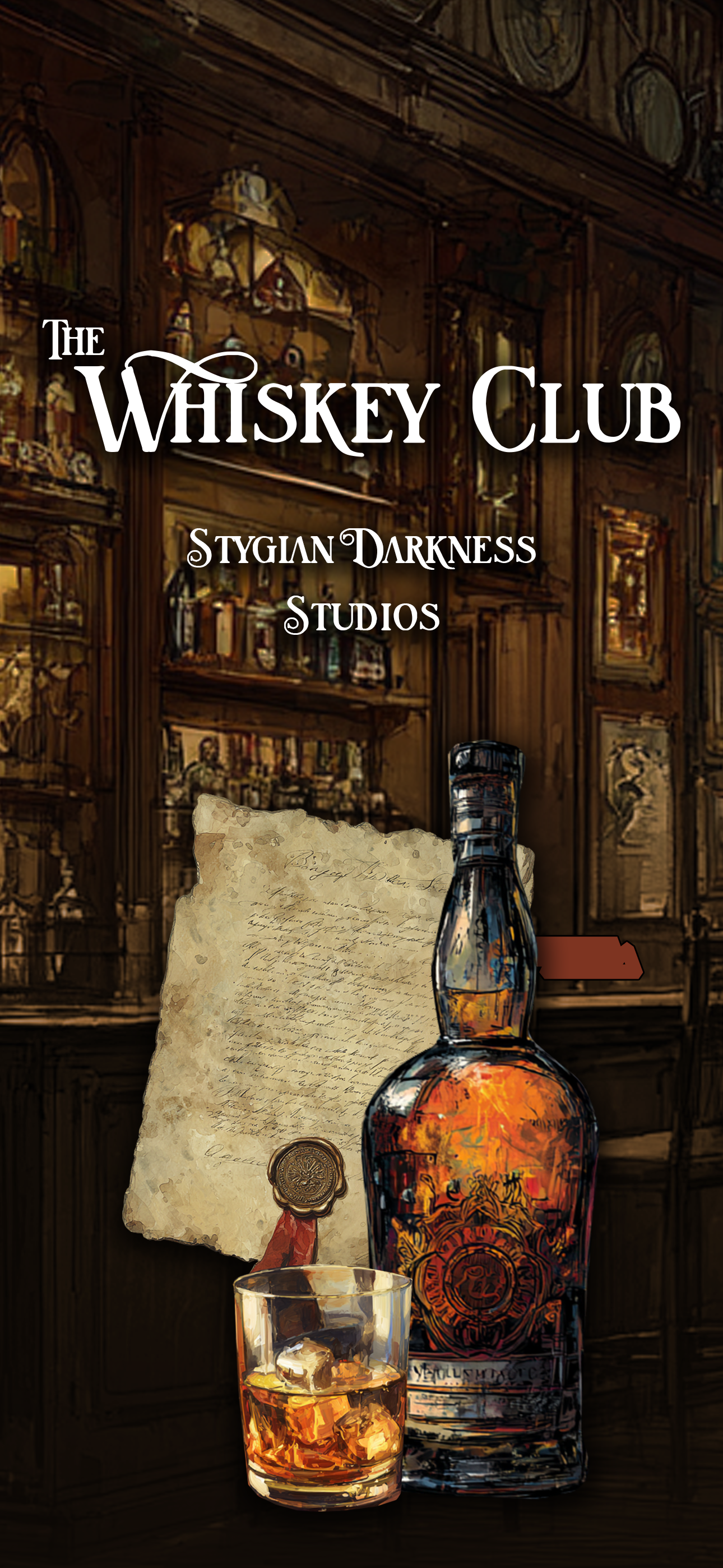 The Whiskey Club splash screen with Stygian Darkness Studios branding