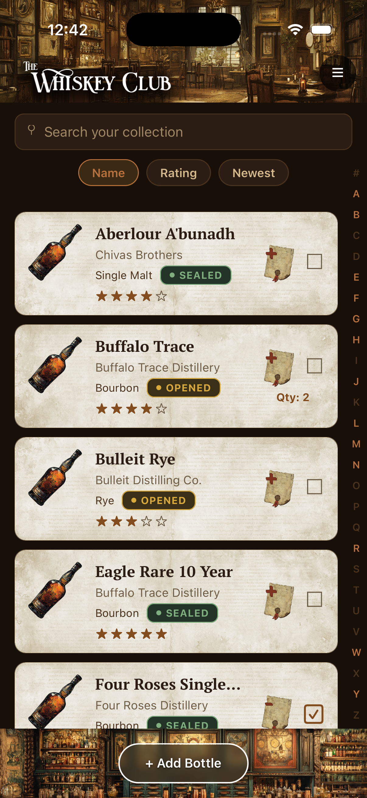 The Whiskey Club catalog screen, dark theme, showing the bottle shelf