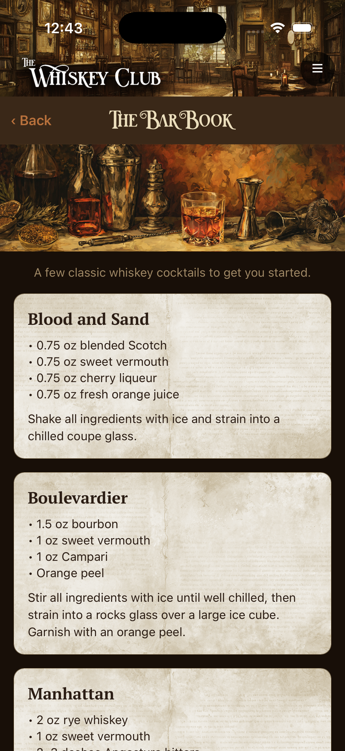 The Bar Book screen with classic whiskey cocktail recipes